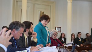 Sen. Debbie Ingram (D-Chittenden) discusses raising the smoking age to 21 on the Senate floor last month.