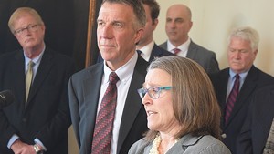 Gov. Phil Scott and his legal counsel, Jaye Pershing Johnson, at a press conference