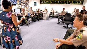 Catarina Campbell speaking to the troopers