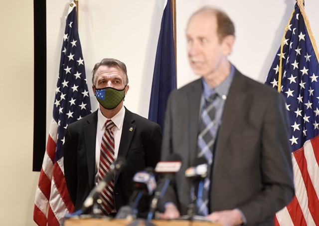 Gov. Phil Scott and Health Commissioner Mark Levine at a recent press briefing - FILE: JEB WALLACE-BRODEUR