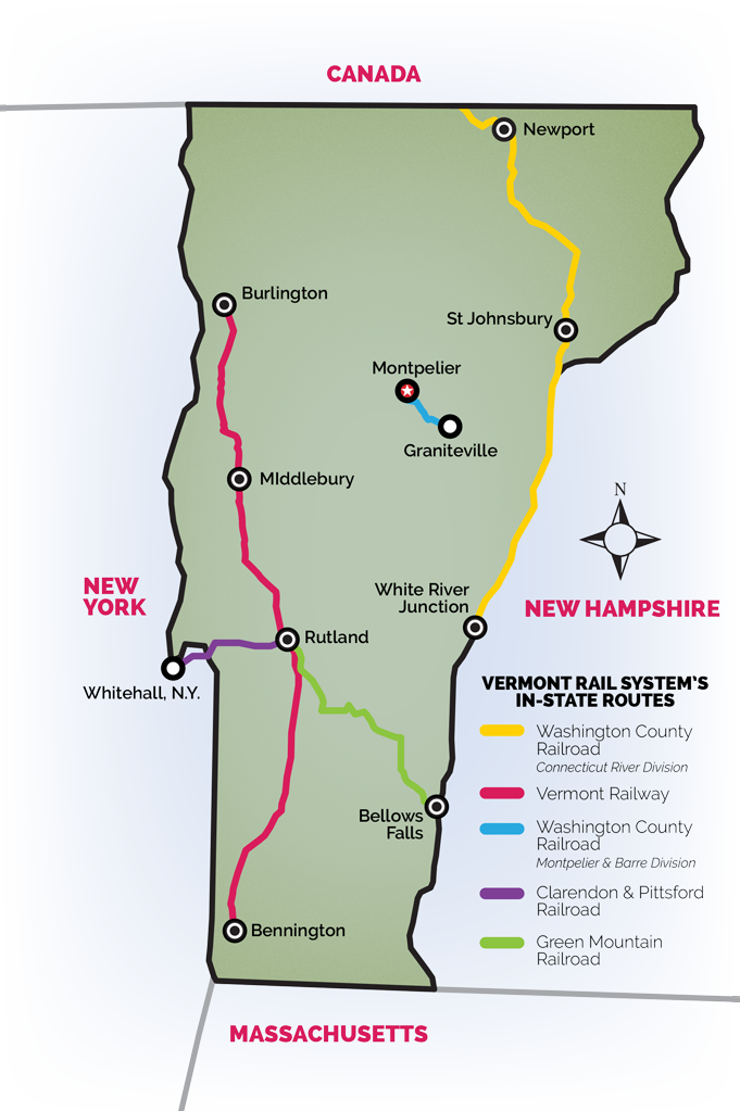 Vermont Rail System's in-state routes - GRAPHIC: JOHN JAMES ©️ SEVEN DAYS